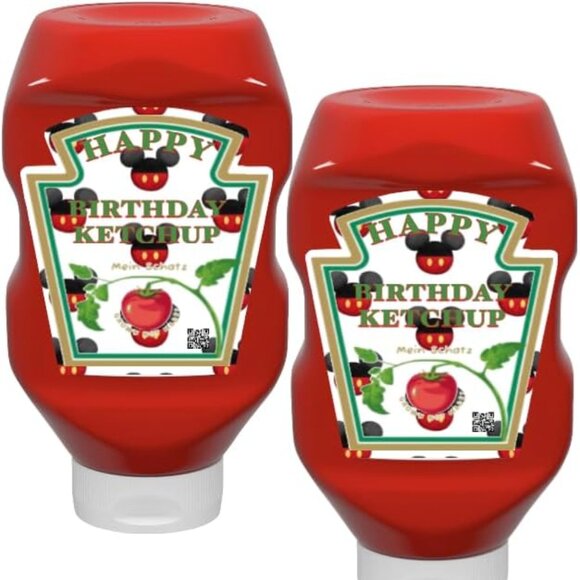 Happy Birthday Custom Ketchup Bottle Labels, Set of 2 Mouse Theme, 500ml Bottle - Picture 1 of 4